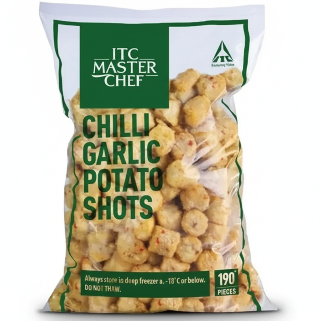 ITC Chilli Garlic Potato Shots 1 kg – Crispy & Spicy Garlic-Flavoured Potato Bites