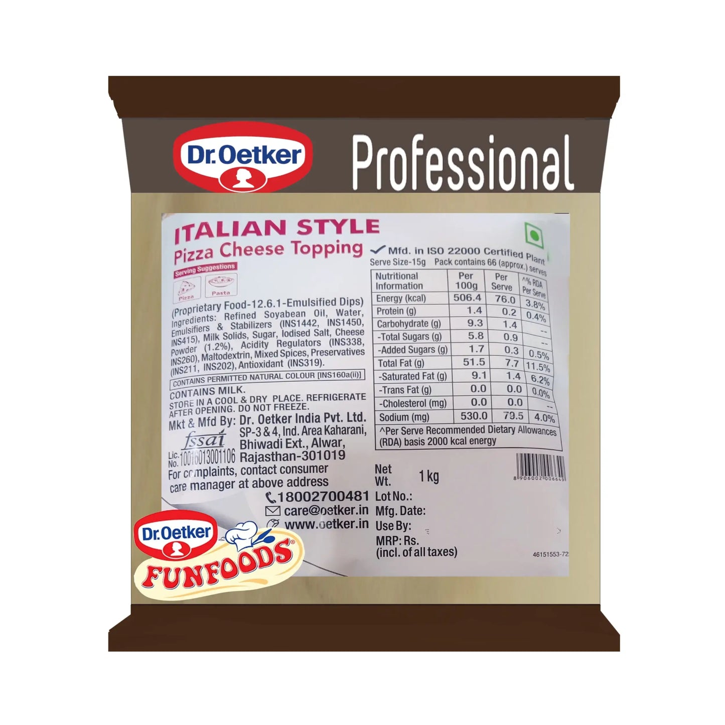 Dr. Oetker Funfoods Italian Style Pizza Cheese Topping – 1 kg | Rich & Meltable Cheese Blend